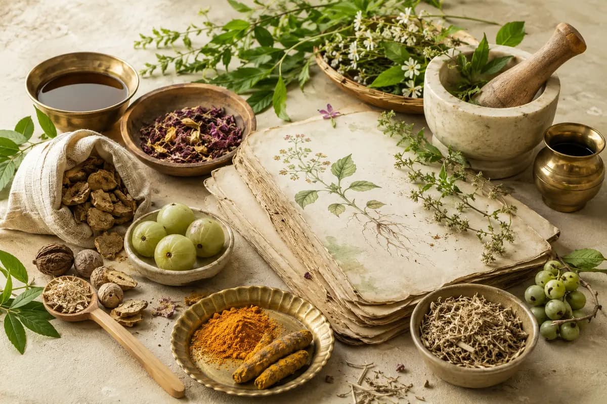 Ayurvedic herbs, botanicals and a journal arranged for study