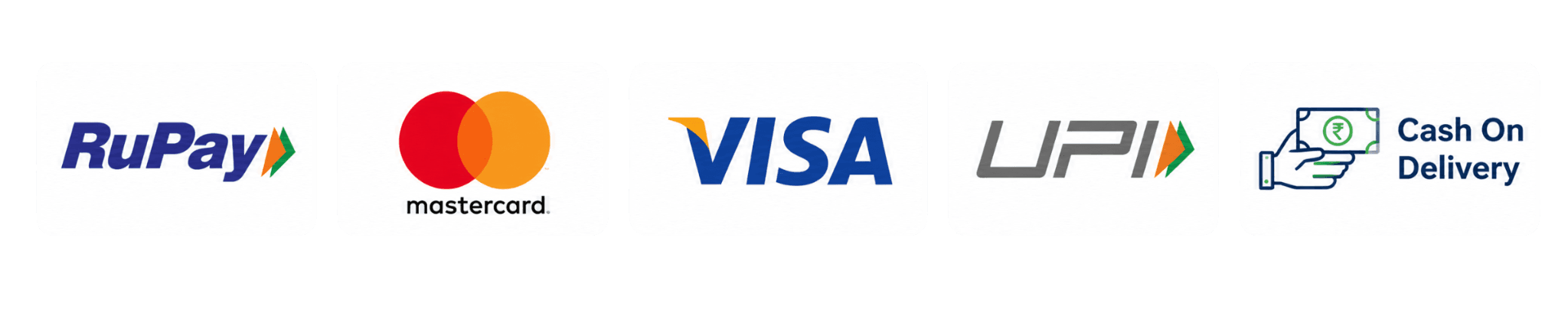 RuPay, Mastercard, Visa, UPI and Cash on Delivery payment options